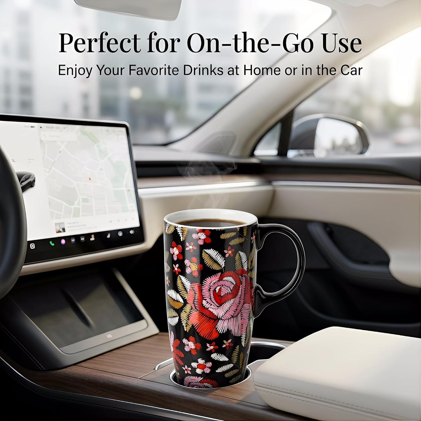 17oz Ceramic Travel Mug with Lid & Gift Box, Floral | Microwave & Dishwasher Safe Coffee Mug, Cup Holder Friendly, Large Tea Cup with Handle, Commute Office Home Use