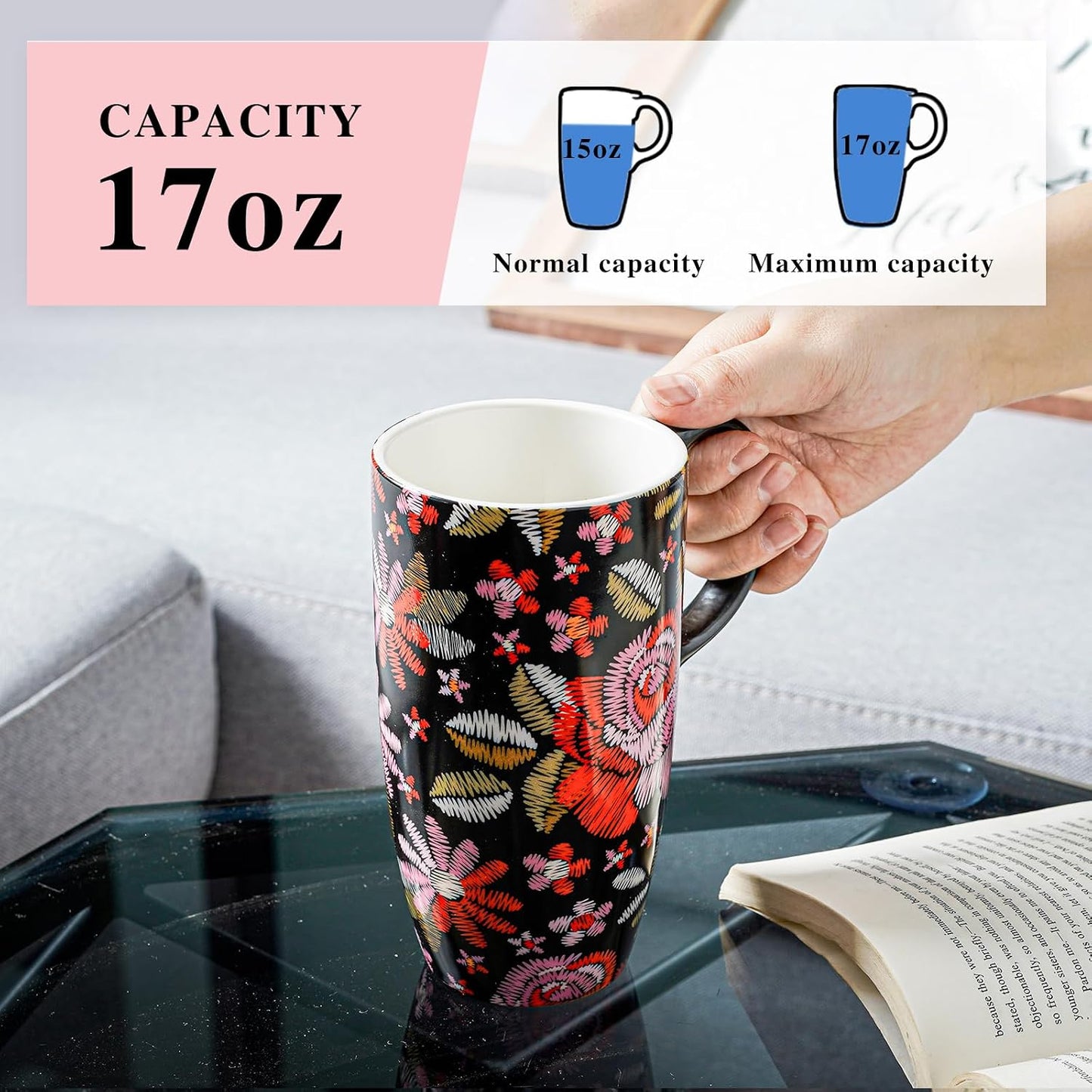 17oz Ceramic Travel Mug with Lid & Gift Box, Floral | Microwave & Dishwasher Safe Coffee Mug, Cup Holder Friendly, Large Tea Cup with Handle, Commute Office Home Use
