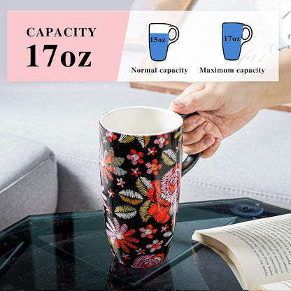 17oz Ceramic Travel Mug with Lid & Gift Box, Floral | Microwave & Dishwasher Safe Coffee Mug, Cup Holder Friendly, Large Tea Cup with Handle, Commute Office Home Use