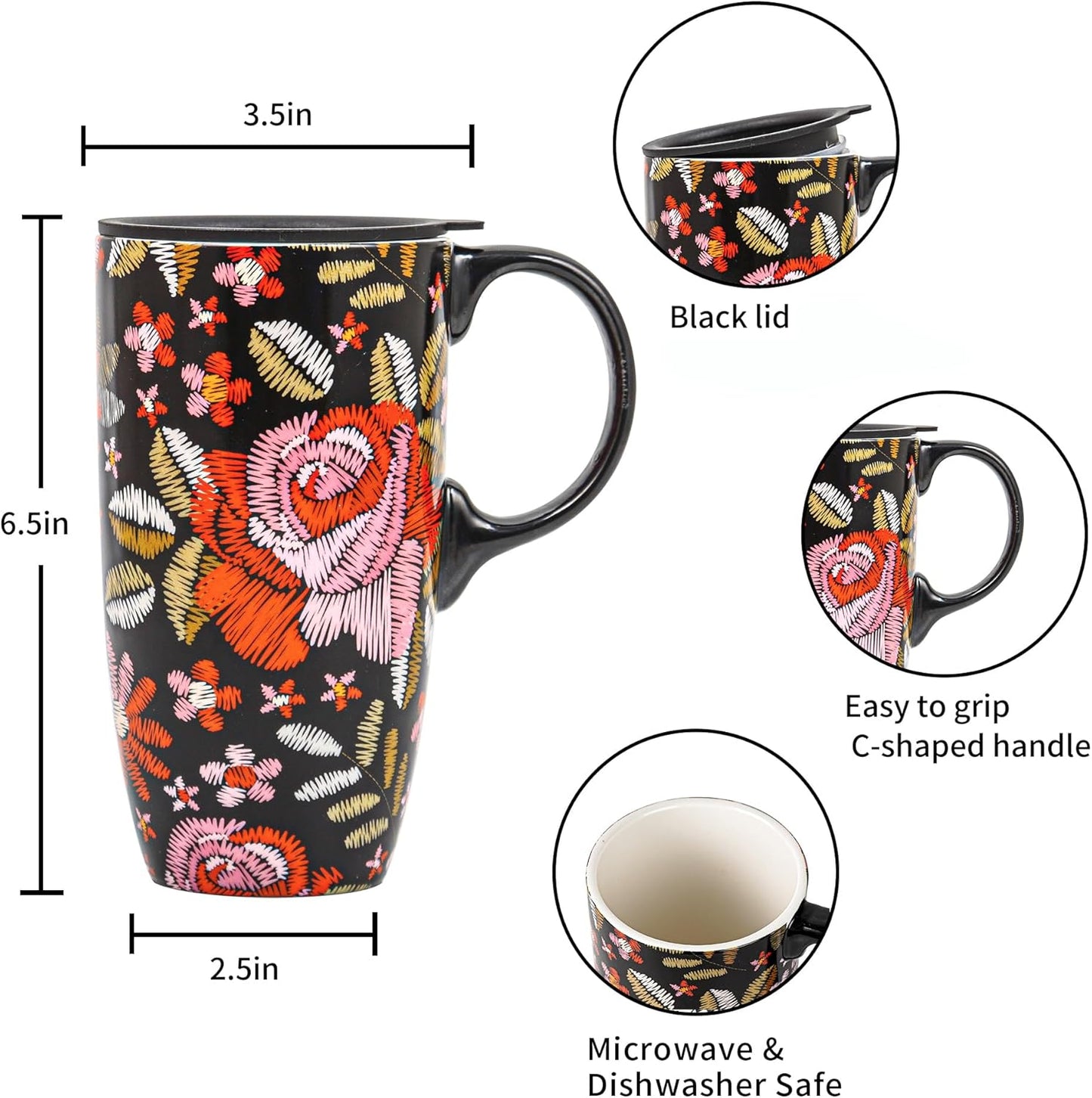 17oz Ceramic Travel Mug with Lid & Gift Box, Floral | Microwave & Dishwasher Safe Coffee Mug, Cup Holder Friendly, Large Tea Cup with Handle, Commute Office Home Use