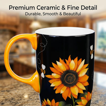 17oz Ceramic Travel Mug with Lid & Gift Box, Floral | Microwave & Dishwasher Safe Coffee Mug, Cup Holder Friendly, Large Tea Cup with Handle, Commute Office Home Use