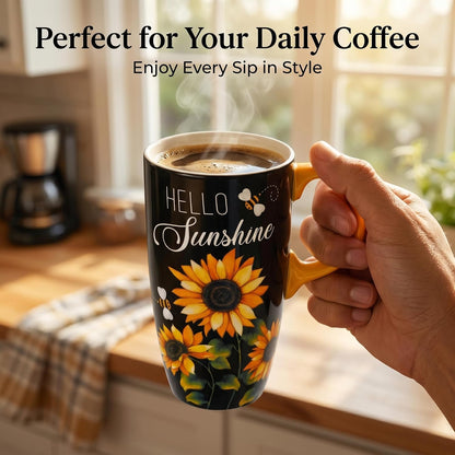 17oz Ceramic Travel Mug with Lid & Gift Box, Floral | Microwave & Dishwasher Safe Coffee Mug, Cup Holder Friendly, Large Tea Cup with Handle, Commute Office Home Use