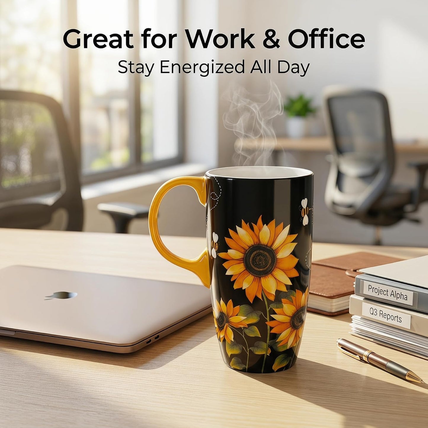 17oz Ceramic Travel Mug with Lid & Gift Box, Floral | Microwave & Dishwasher Safe Coffee Mug, Cup Holder Friendly, Large Tea Cup with Handle, Commute Office Home Use