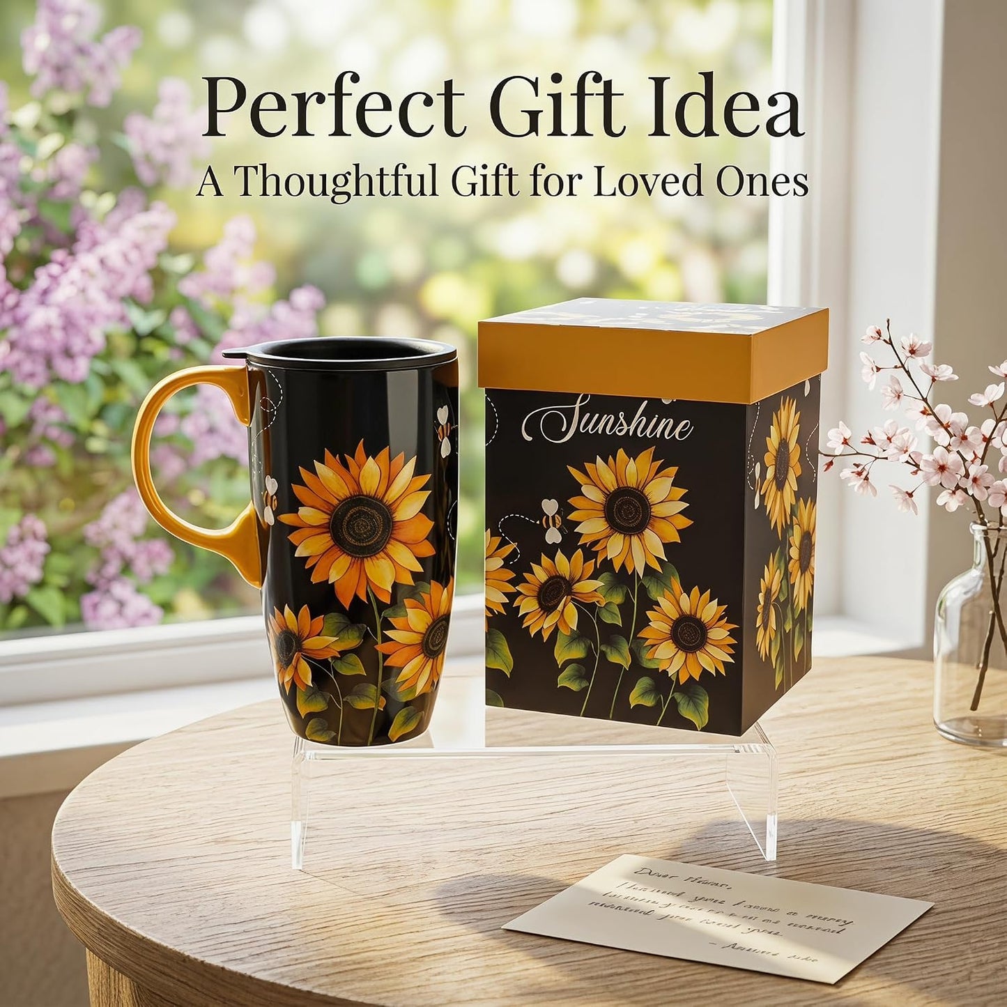 17oz Ceramic Travel Mug with Lid & Gift Box, Floral | Microwave & Dishwasher Safe Coffee Mug, Cup Holder Friendly, Large Tea Cup with Handle, Commute Office Home Use