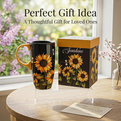 17oz Ceramic Travel Mug with Lid & Gift Box, Floral | Microwave & Dishwasher Safe Coffee Mug, Cup Holder Friendly, Large Tea Cup with Handle, Commute Office Home Use