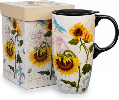 17oz Ceramic Travel Mug with Lid & Gift Box, Floral | Microwave & Dishwasher Safe Coffee Mug, Cup Holder Friendly, Large Tea Cup with Handle, Commute Office Home Use