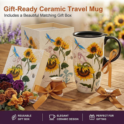 17oz Ceramic Travel Mug with Lid & Gift Box, Floral | Microwave & Dishwasher Safe Coffee Mug, Cup Holder Friendly, Large Tea Cup with Handle, Commute Office Home Use