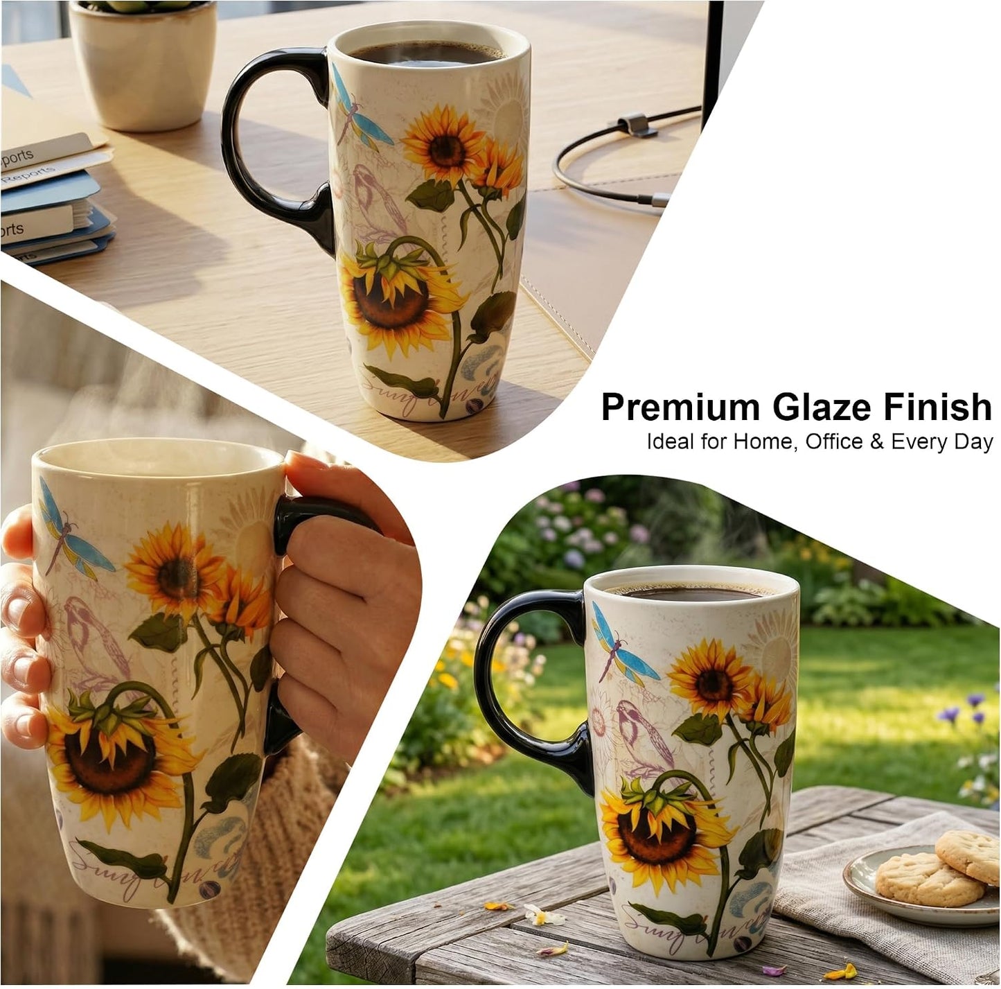 17oz Ceramic Travel Mug with Lid & Gift Box, Floral | Microwave & Dishwasher Safe Coffee Mug, Cup Holder Friendly, Large Tea Cup with Handle, Commute Office Home Use