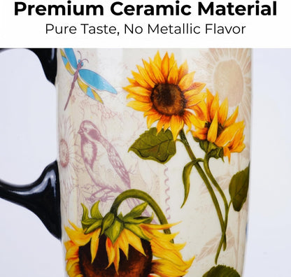 17oz Ceramic Travel Mug with Lid & Gift Box, Floral | Microwave & Dishwasher Safe Coffee Mug, Cup Holder Friendly, Large Tea Cup with Handle, Commute Office Home Use