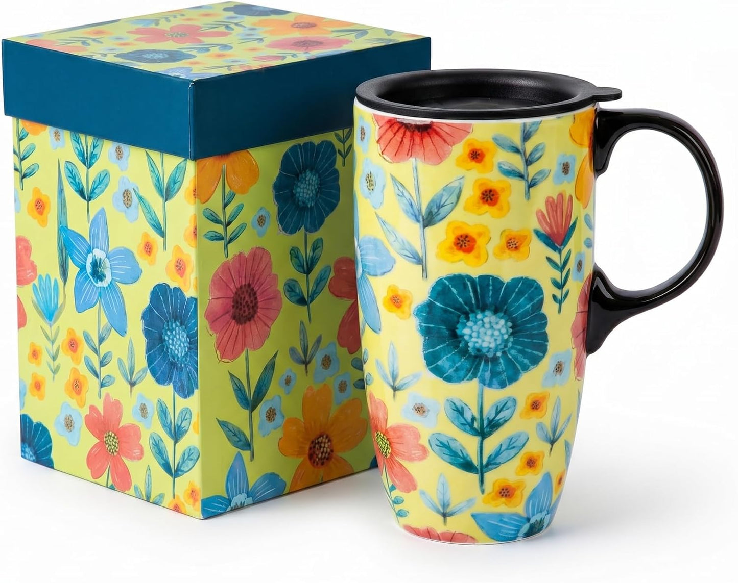 17oz Ceramic Travel Mug with Lid & Gift Box, Floral | Microwave & Dishwasher Safe Coffee Mug, Cup Holder Friendly, Large Tea Cup with Handle, Commute Office Home Use