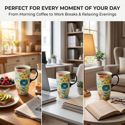17oz Ceramic Travel Mug with Lid & Gift Box, Floral | Microwave & Dishwasher Safe Coffee Mug, Cup Holder Friendly, Large Tea Cup with Handle, Commute Office Home Use