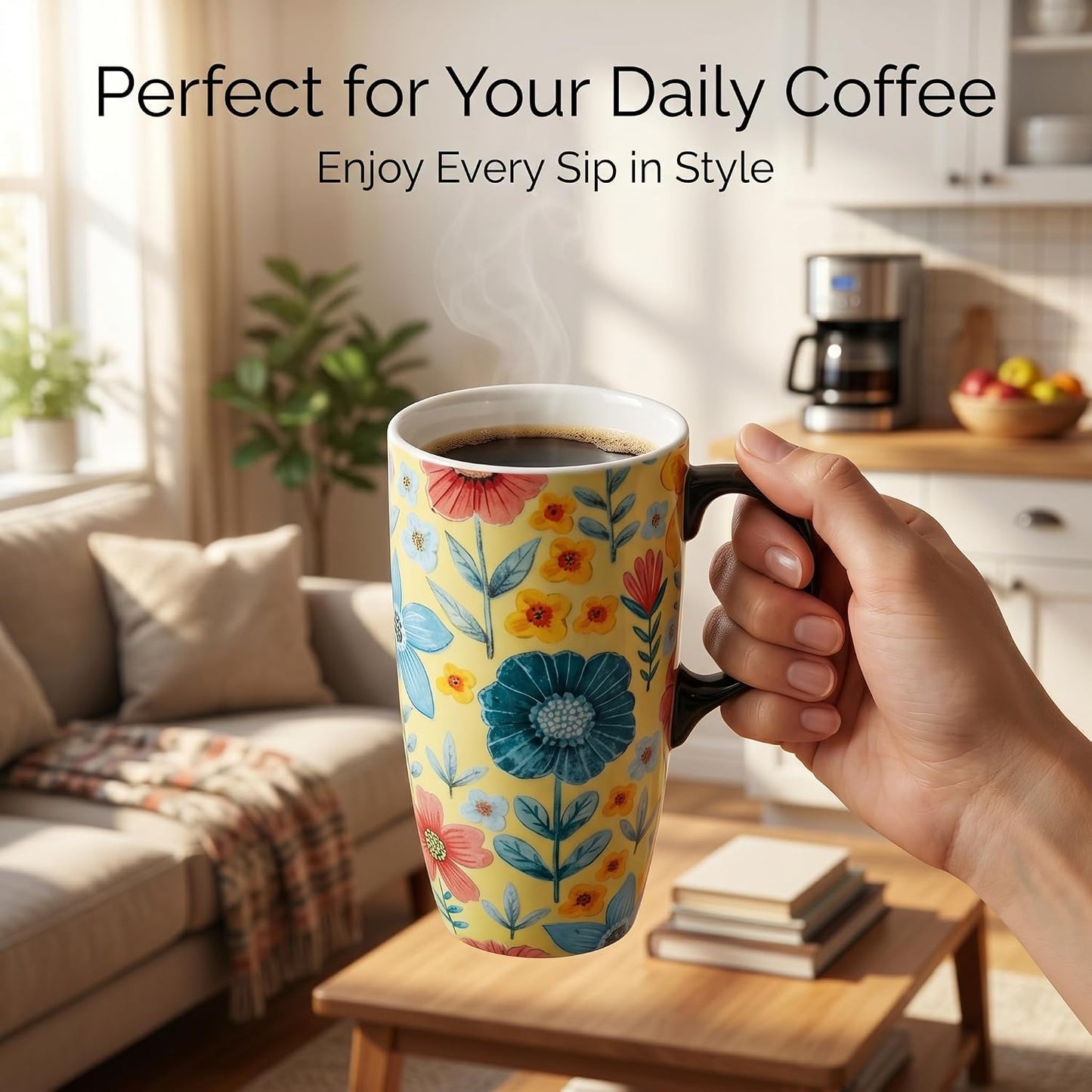 17oz Ceramic Travel Mug with Lid & Gift Box, Floral | Microwave & Dishwasher Safe Coffee Mug, Cup Holder Friendly, Large Tea Cup with Handle, Commute Office Home Use