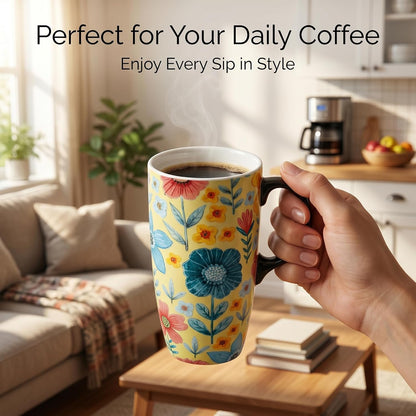 17oz Ceramic Travel Mug with Lid & Gift Box, Floral | Microwave & Dishwasher Safe Coffee Mug, Cup Holder Friendly, Large Tea Cup with Handle, Commute Office Home Use