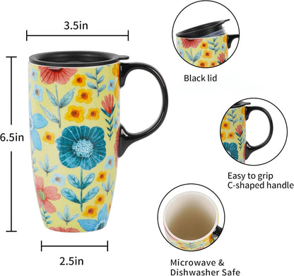 17oz Ceramic Travel Mug with Lid & Gift Box, Floral | Microwave & Dishwasher Safe Coffee Mug, Cup Holder Friendly, Large Tea Cup with Handle, Commute Office Home Use