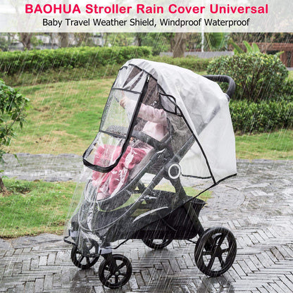 Stroller Rain Cover, Universal Baby Travel Weather Shield, Clear, Waterproof, Windproof, Breathable Ventilated, Fits Most Single Strollers, Protects from Rain, Wind, Dust and Snow
