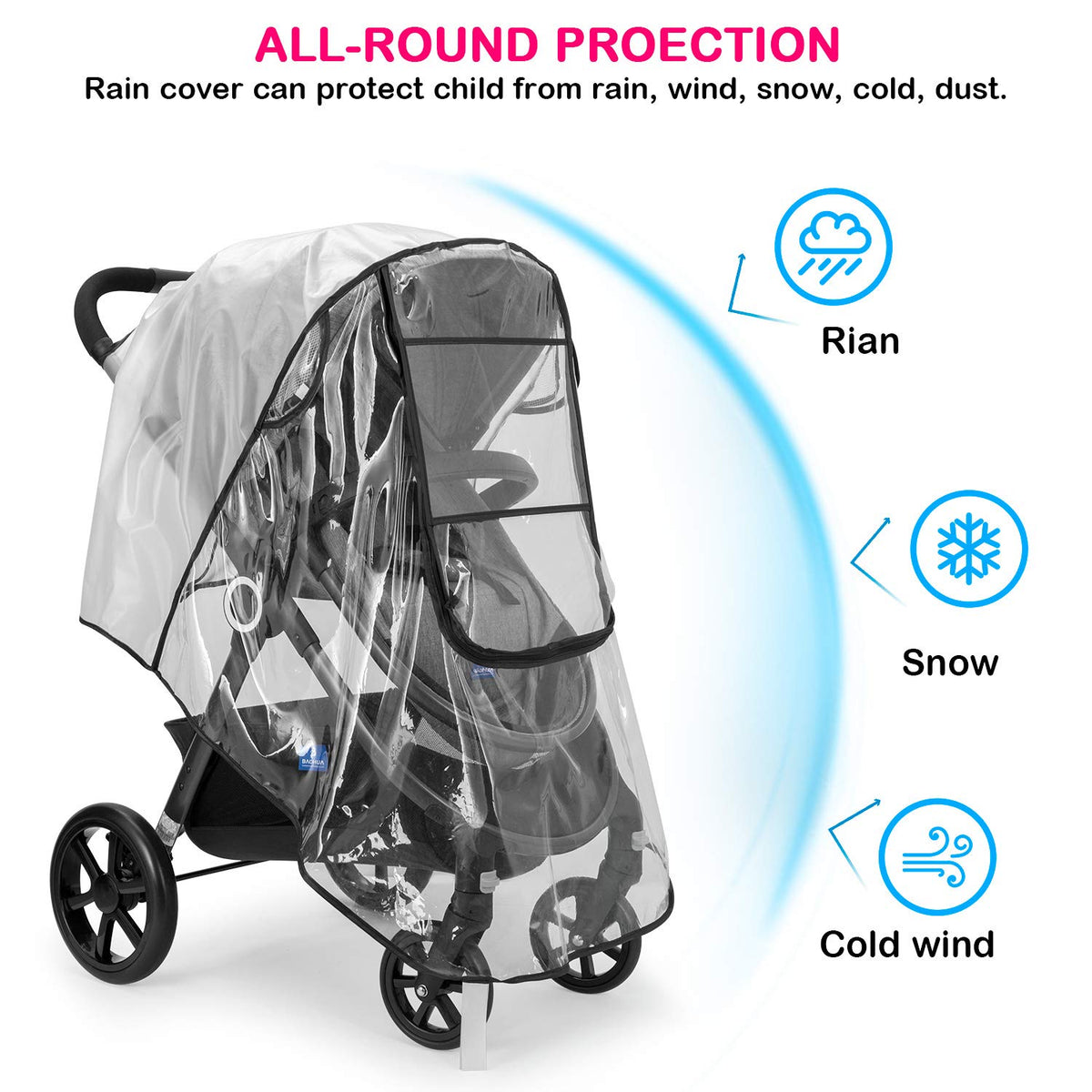 Stroller Rain Cover, Universal Baby Travel Weather Shield, Clear, Waterproof, Windproof, Breathable Ventilated, Fits Most Single Strollers, Protects from Rain, Wind, Dust and Snow