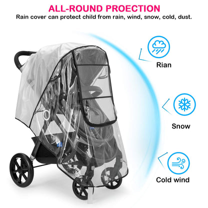 Stroller Rain Cover, Universal Baby Travel Weather Shield, Clear, Waterproof, Windproof, Breathable Ventilated, Fits Most Single Strollers, Protects from Rain, Wind, Dust and Snow