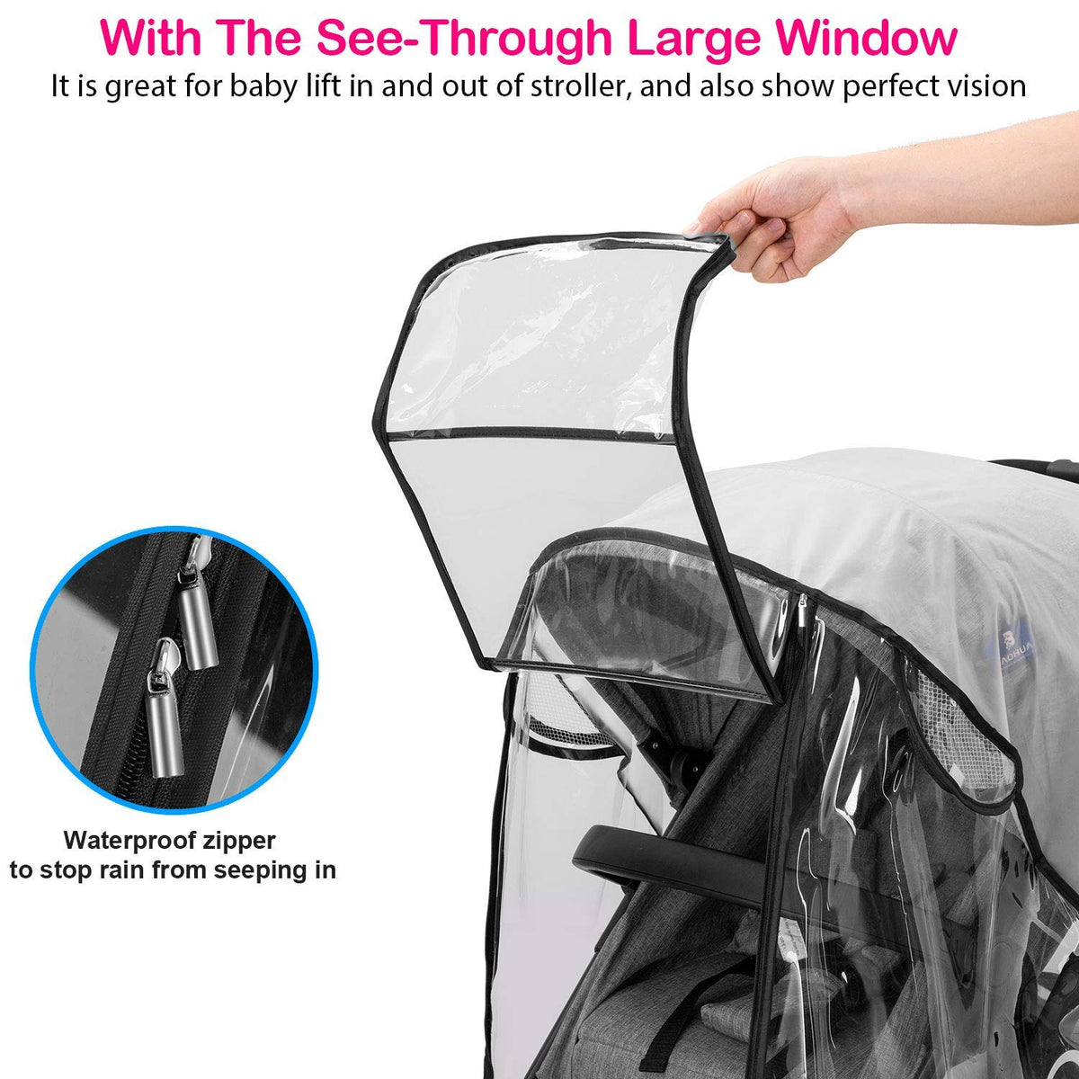 Stroller Rain Cover, Universal Baby Travel Weather Shield, Clear, Waterproof, Windproof, Breathable Ventilated, Fits Most Single Strollers, Protects from Rain, Wind, Dust and Snow