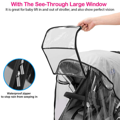 Stroller Rain Cover, Universal Baby Travel Weather Shield, Clear, Waterproof, Windproof, Breathable Ventilated, Fits Most Single Strollers, Protects from Rain, Wind, Dust and Snow