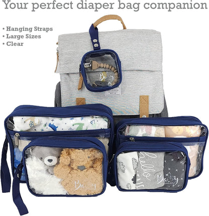 5 Piece Diaper Bag Organizer Pouch Set, Clear with Straps and Pacifier Case - Navy