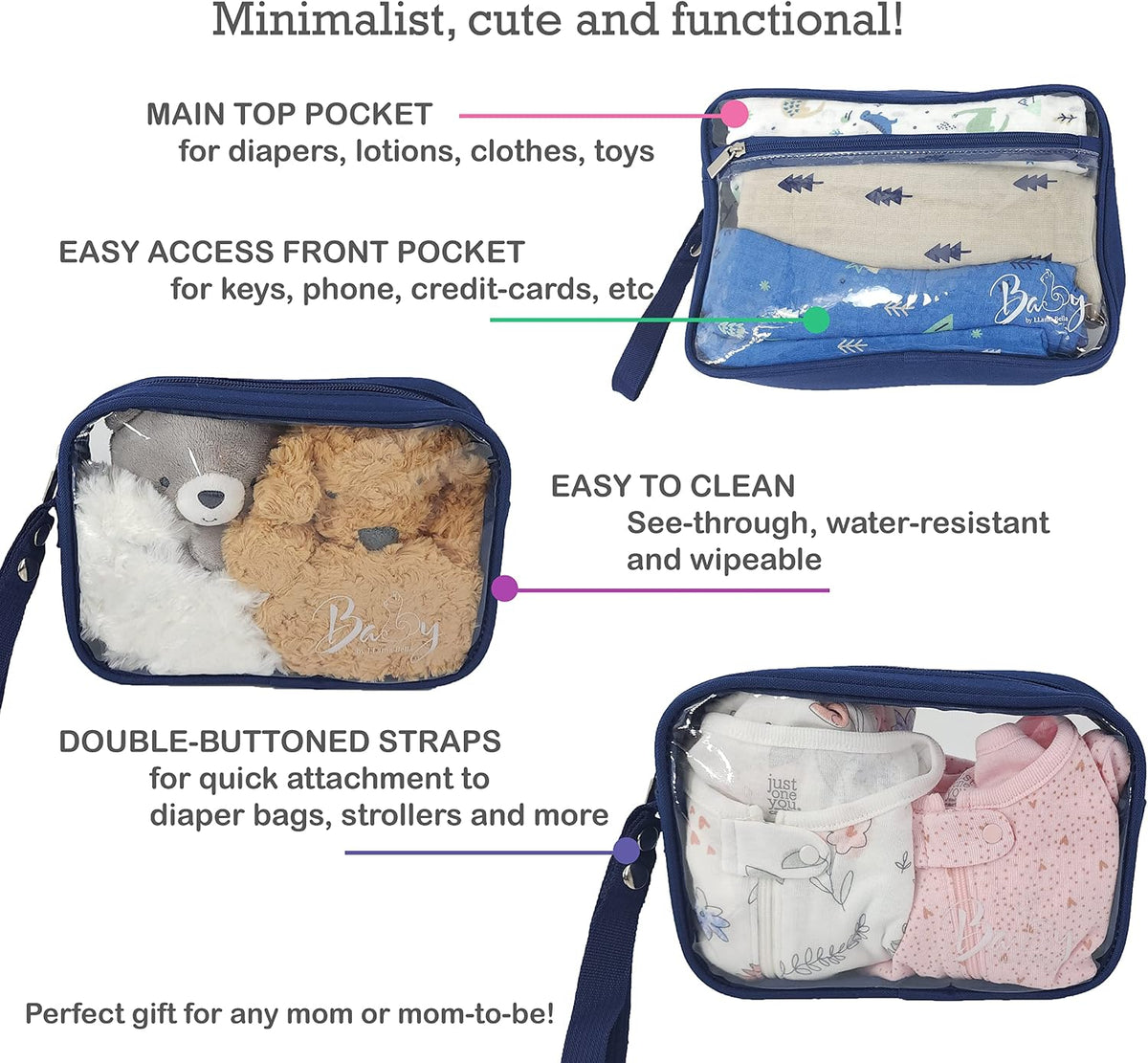 5 Piece Diaper Bag Organizer Pouch Set, Clear with Straps and Pacifier Case - Navy