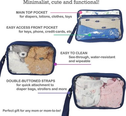 5 Piece Diaper Bag Organizer Pouch Set, Clear with Straps and Pacifier Case - Navy