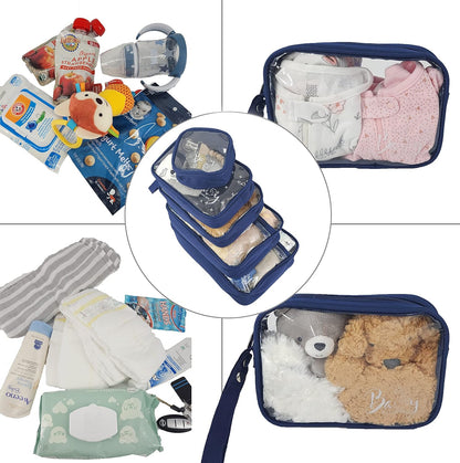 5 Piece Diaper Bag Organizer Pouch Set, Clear with Straps and Pacifier Case - Navy