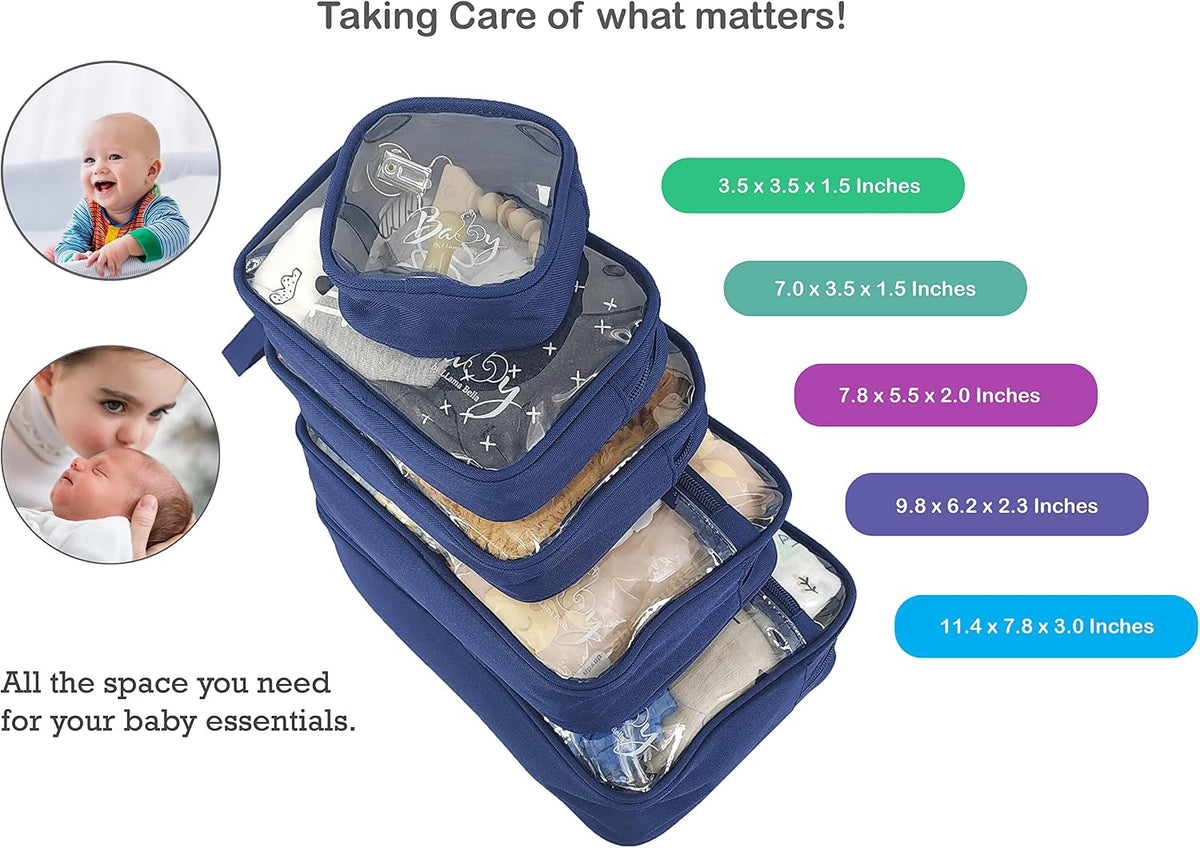 5 Piece Diaper Bag Organizer Pouch Set, Clear with Straps and Pacifier Case - Navy