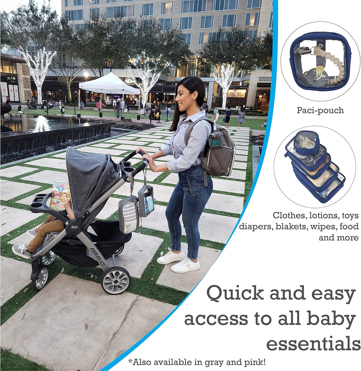5 Piece Diaper Bag Organizer Pouch Set, Clear with Straps and Pacifier Case - Navy