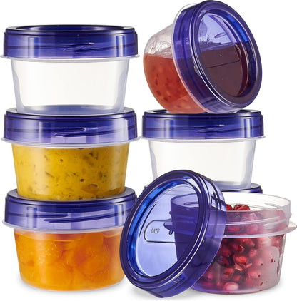 6 Pack Twist Cap Food Storage Containers with Blue Screw on Lid- 4 oz Reusable Meal Prep Containers - Small Freezer Containers Microwave Safe Blue Plastic Food Storage