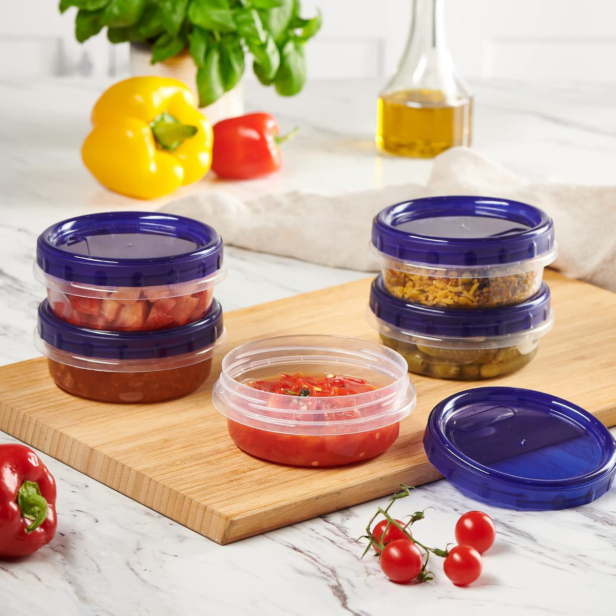 6 Pack Twist Cap Food Storage Containers with Blue Screw on Lid- 4 oz Reusable Meal Prep Containers - Small Freezer Containers Microwave Safe Blue Plastic Food Storage