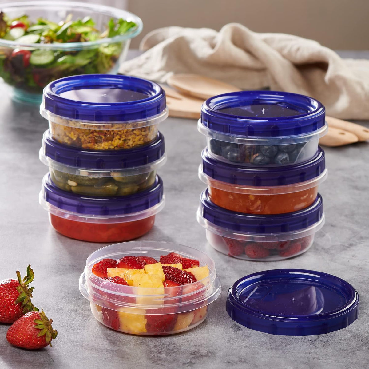 6 Pack Twist Cap Food Storage Containers with Blue Screw on Lid- 4 oz Reusable Meal Prep Containers - Small Freezer Containers Microwave Safe Blue Plastic Food Storage