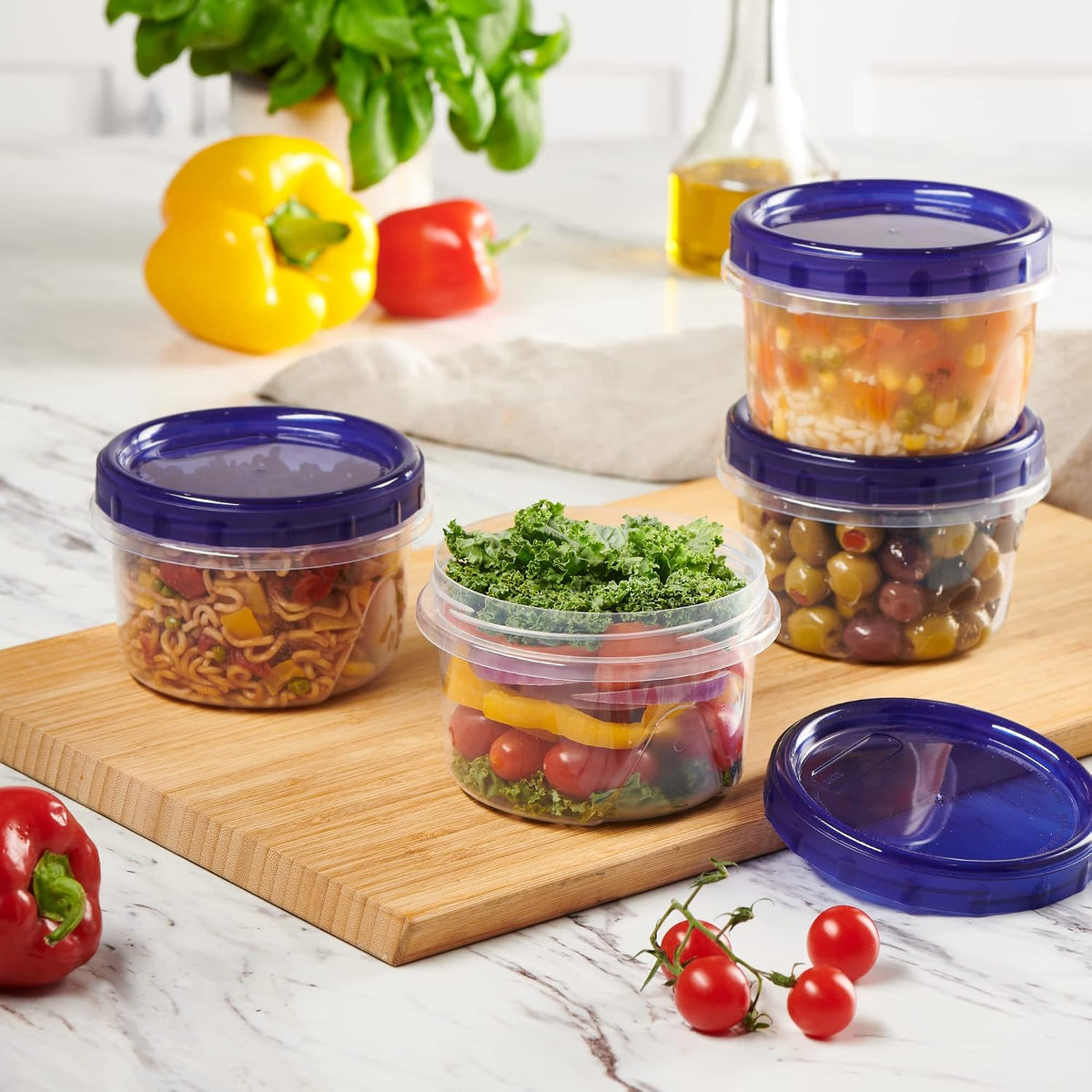 6 Pack Twist Cap Food Storage Containers with Blue Screw on Lid- 4 oz Reusable Meal Prep Containers - Small Freezer Containers Microwave Safe Blue Plastic Food Storage