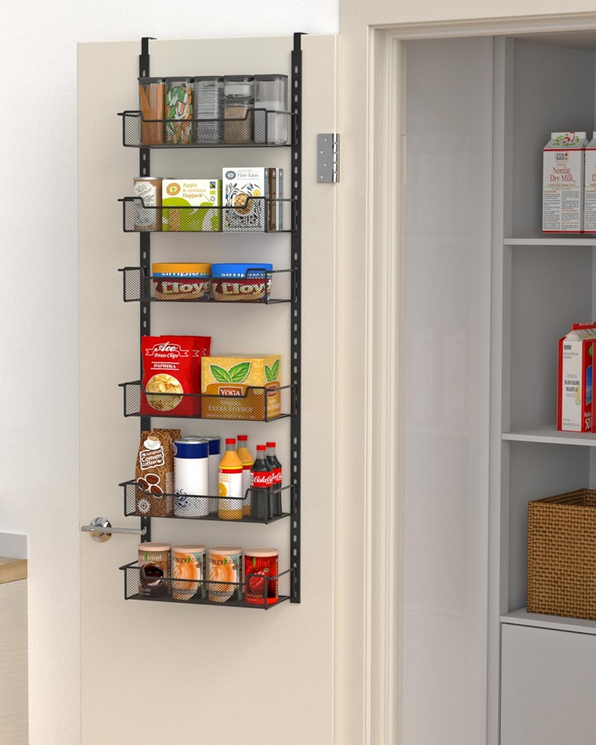 12.3" W Narrow Over the Door Pantry Organizer, 6-Tier Over the Door Organizer with Adjustable Basket, Pantry Door Organization for Pantry Kitchen Storage Room Spice Rack, White