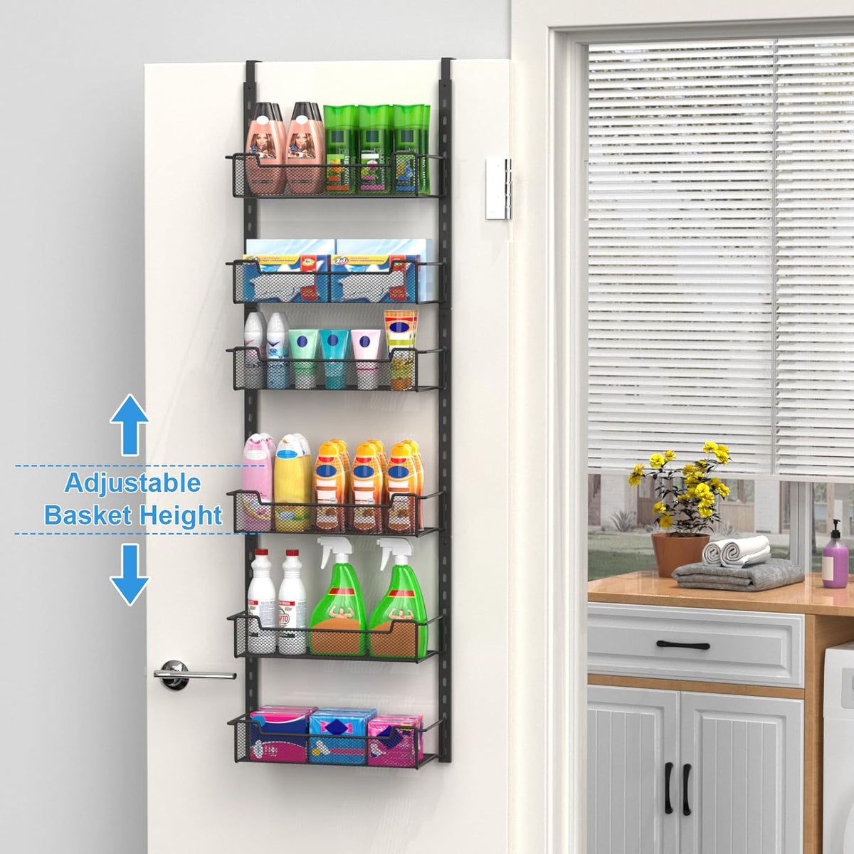 12.3" W Narrow Over the Door Pantry Organizer, 6-Tier Over the Door Organizer with Adjustable Basket, Pantry Door Organization for Pantry Kitchen Storage Room Spice Rack, White