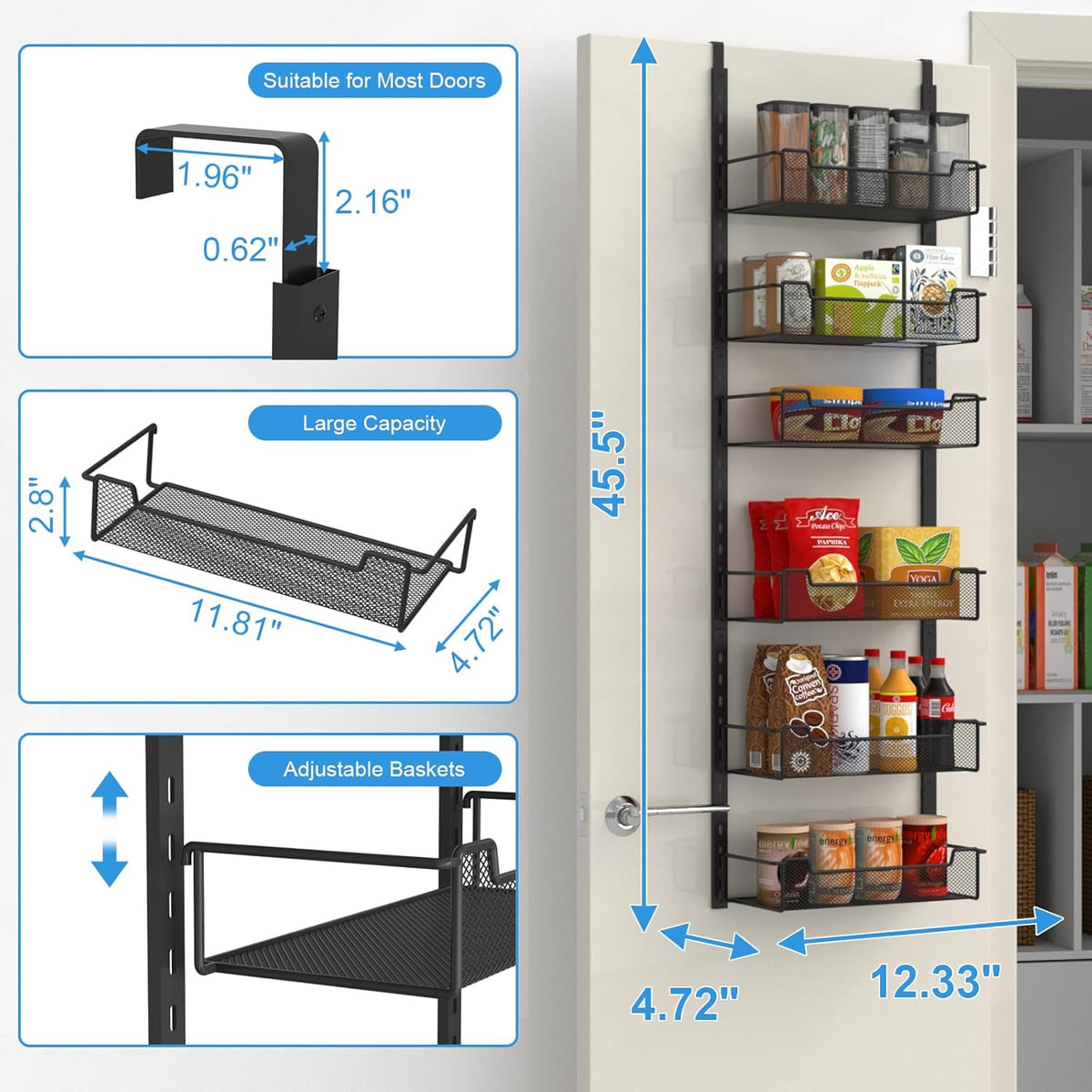 12.3" W Narrow Over the Door Pantry Organizer, 6-Tier Over the Door Organizer with Adjustable Basket, Pantry Door Organization for Pantry Kitchen Storage Room Spice Rack, White