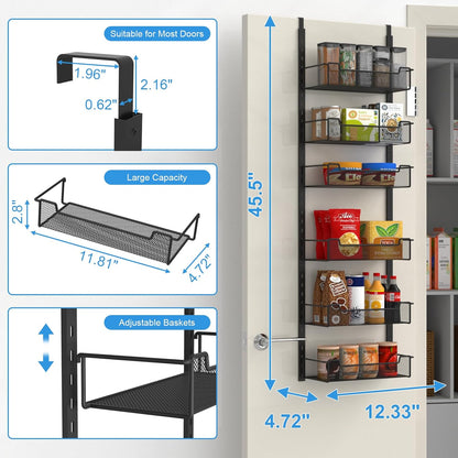 12.3" W Narrow Over the Door Pantry Organizer, 6-Tier Over the Door Organizer with Adjustable Basket, Pantry Door Organization for Pantry Kitchen Storage Room Spice Rack, White