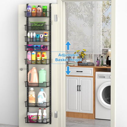 12.3" W Narrow Over the Door Pantry Organizer, 6-Tier Over the Door Organizer with Adjustable Basket, Pantry Door Organization for Pantry Kitchen Storage Room Spice Rack, White
