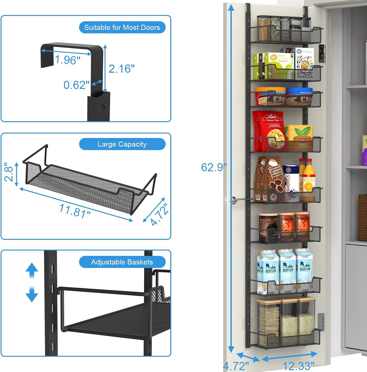 12.3" W Narrow Over the Door Pantry Organizer, 6-Tier Over the Door Organizer with Adjustable Basket, Pantry Door Organization for Pantry Kitchen Storage Room Spice Rack, White