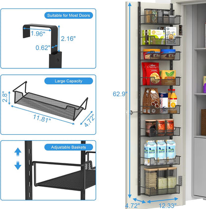 12.3" W Narrow Over the Door Pantry Organizer, 6-Tier Over the Door Organizer with Adjustable Basket, Pantry Door Organization for Pantry Kitchen Storage Room Spice Rack, White