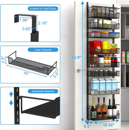 12.3" W Narrow Over the Door Pantry Organizer, 6-Tier Over the Door Organizer with Adjustable Basket, Pantry Door Organization for Pantry Kitchen Storage Room Spice Rack, White