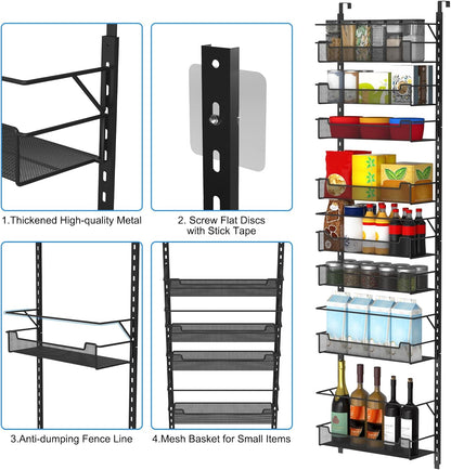 12.3" W Narrow Over the Door Pantry Organizer, 6-Tier Over the Door Organizer with Adjustable Basket, Pantry Door Organization for Pantry Kitchen Storage Room Spice Rack, White