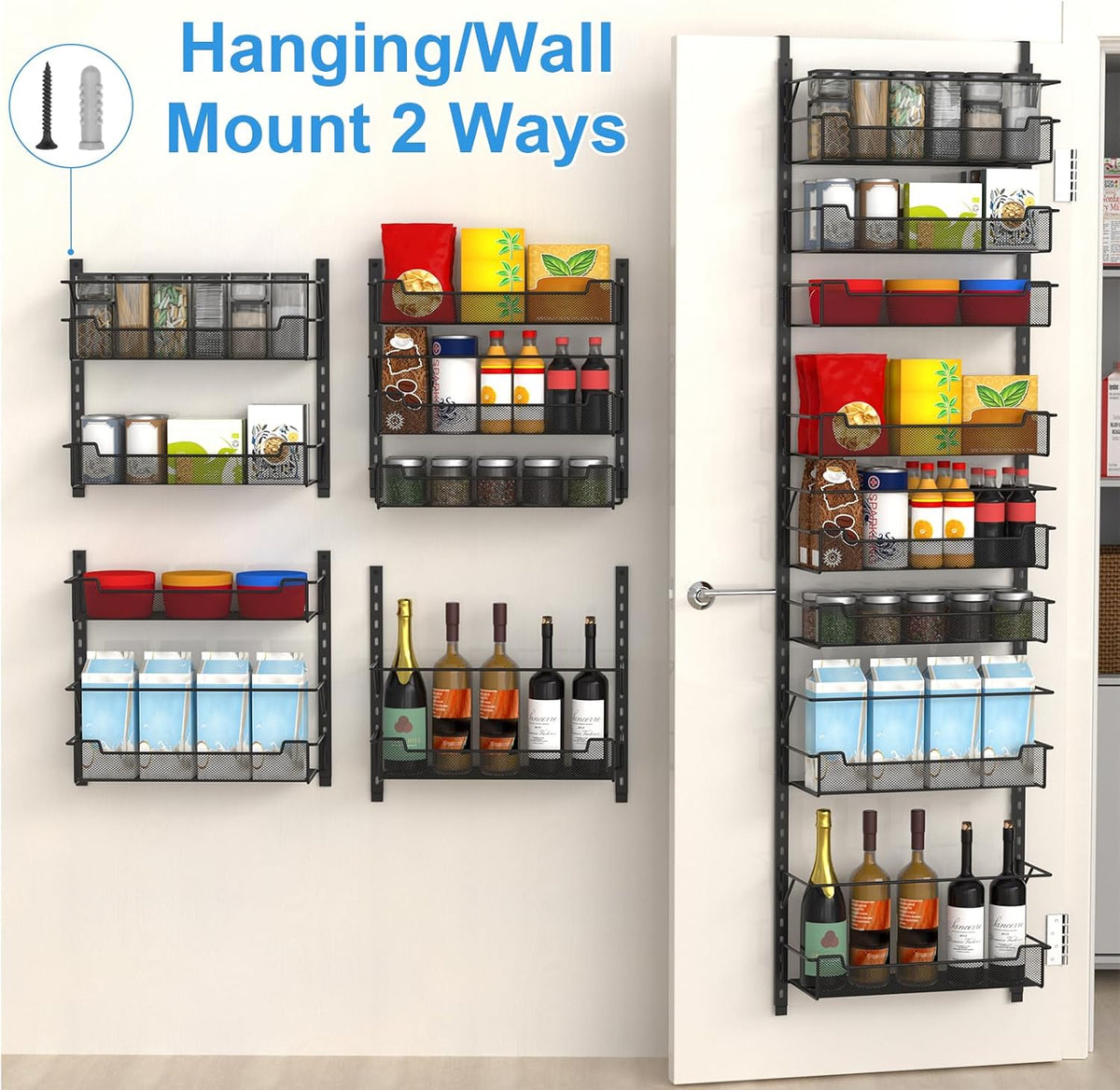 12.3" W Narrow Over the Door Pantry Organizer, 6-Tier Over the Door Organizer with Adjustable Basket, Pantry Door Organization for Pantry Kitchen Storage Room Spice Rack, White