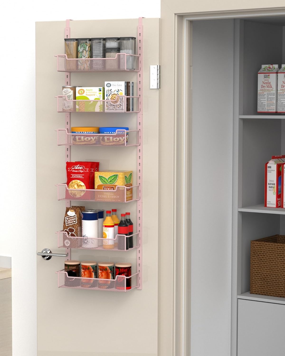 12.3" W Narrow Over the Door Pantry Organizer, 6-Tier Over the Door Organizer with Adjustable Basket, Pantry Door Organization for Pantry Kitchen Storage Room Spice Rack, White