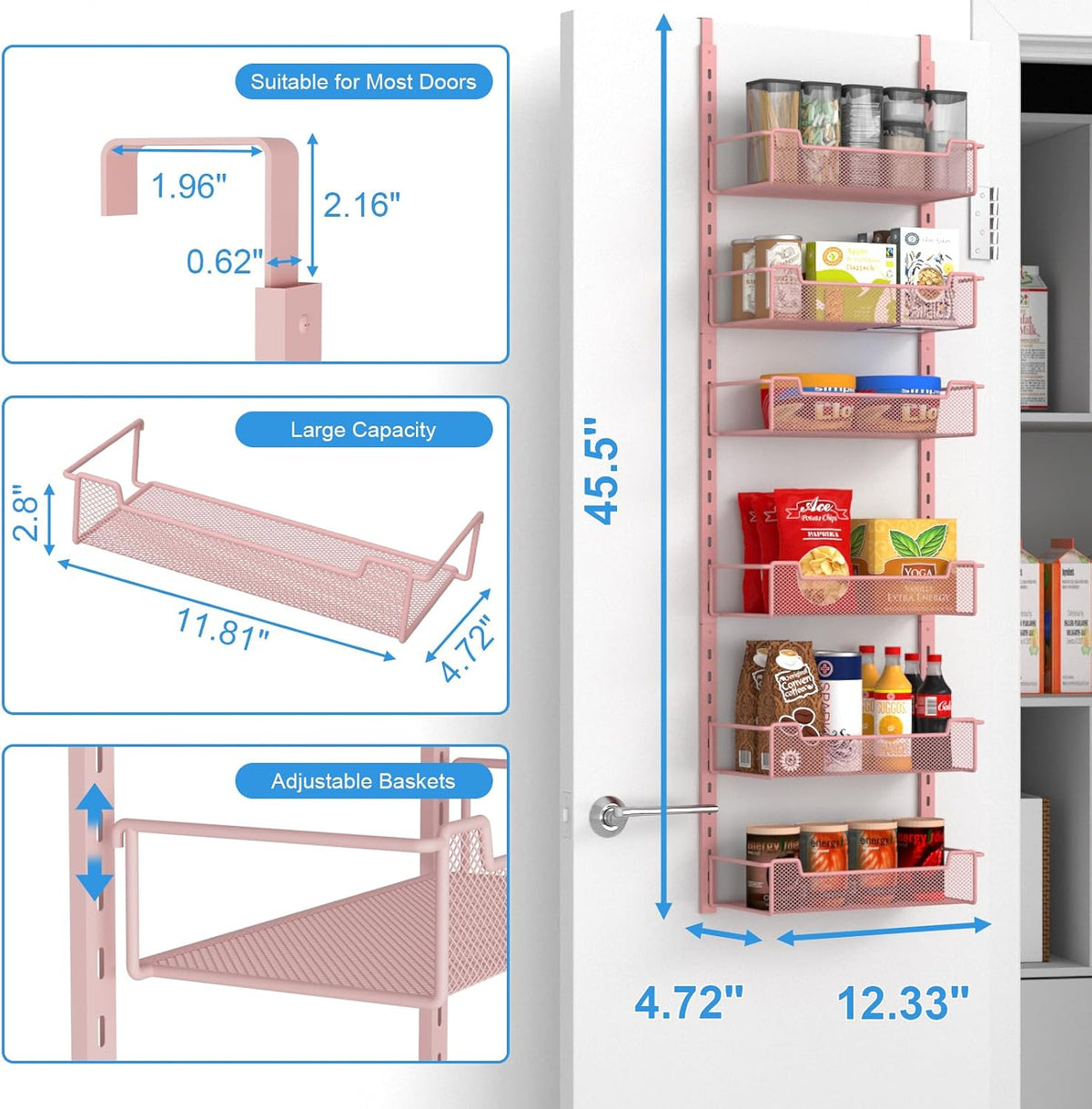 12.3" W Narrow Over the Door Pantry Organizer, 6-Tier Over the Door Organizer with Adjustable Basket, Pantry Door Organization for Pantry Kitchen Storage Room Spice Rack, White