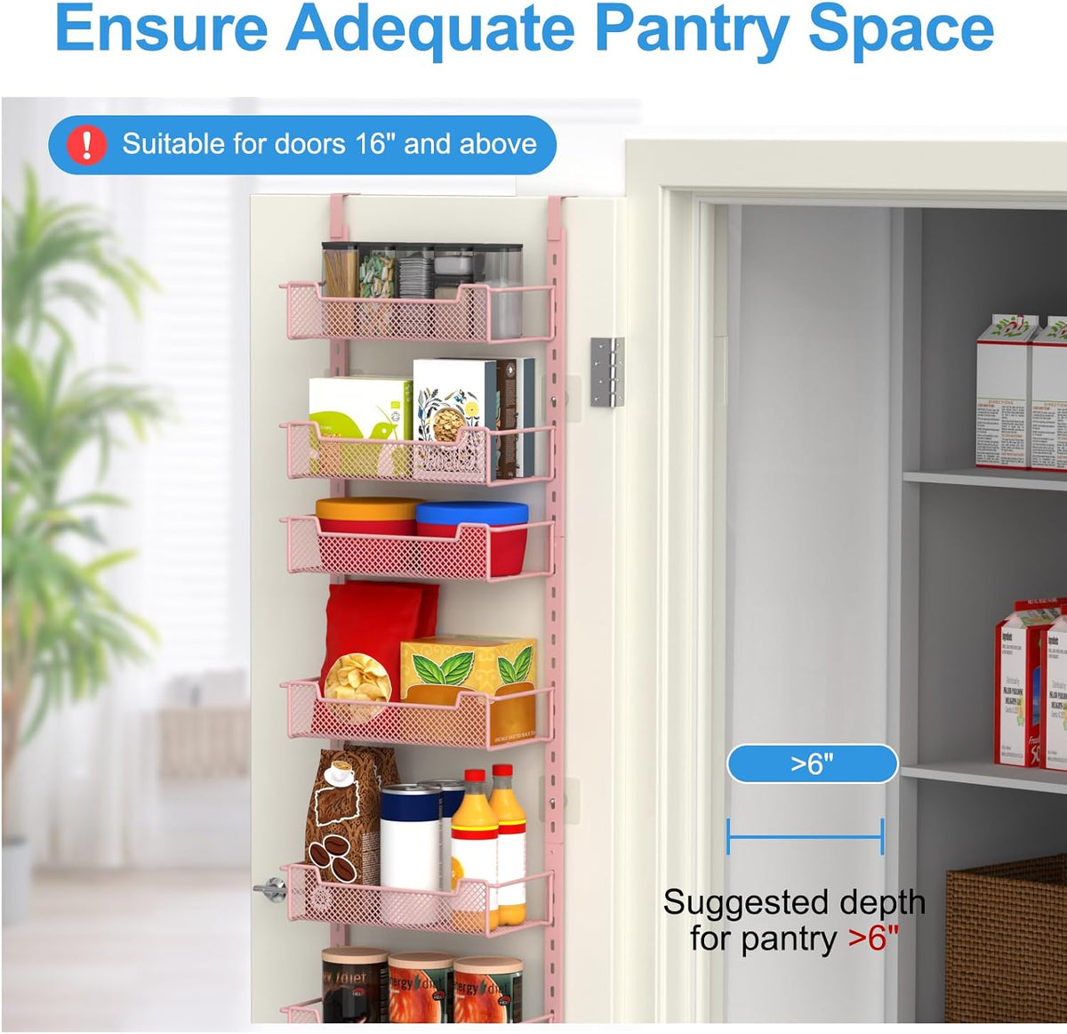 12.3" W Narrow Over the Door Pantry Organizer, 6-Tier Over the Door Organizer with Adjustable Basket, Pantry Door Organization for Pantry Kitchen Storage Room Spice Rack, White