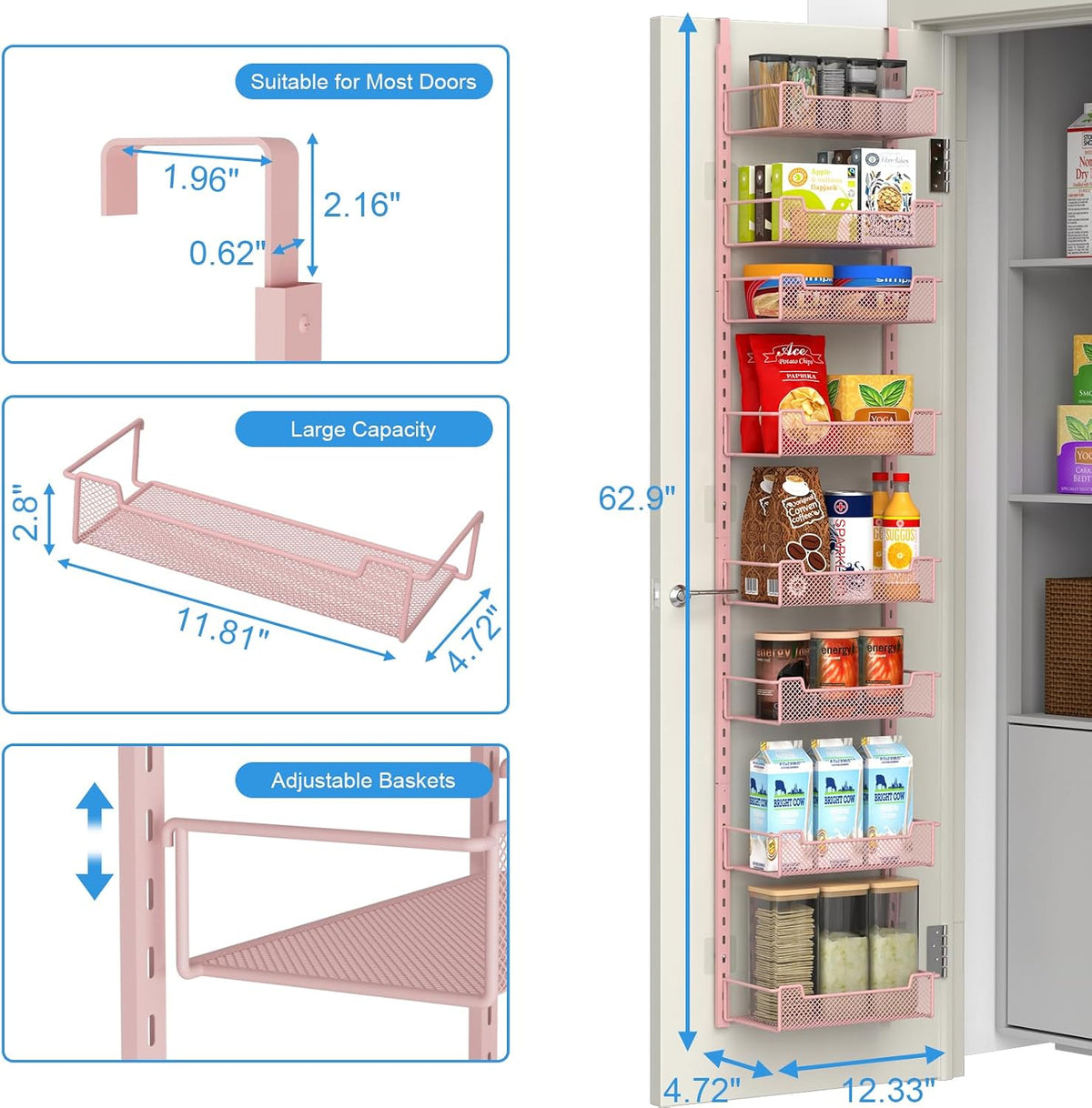 12.3" W Narrow Over the Door Pantry Organizer, 6-Tier Over the Door Organizer with Adjustable Basket, Pantry Door Organization for Pantry Kitchen Storage Room Spice Rack, White