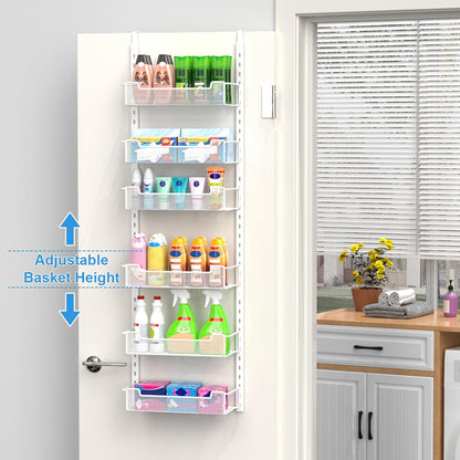 12.3" W Narrow Over the Door Pantry Organizer, 6-Tier Over the Door Organizer with Adjustable Basket, Pantry Door Organization for Pantry Kitchen Storage Room Spice Rack, White