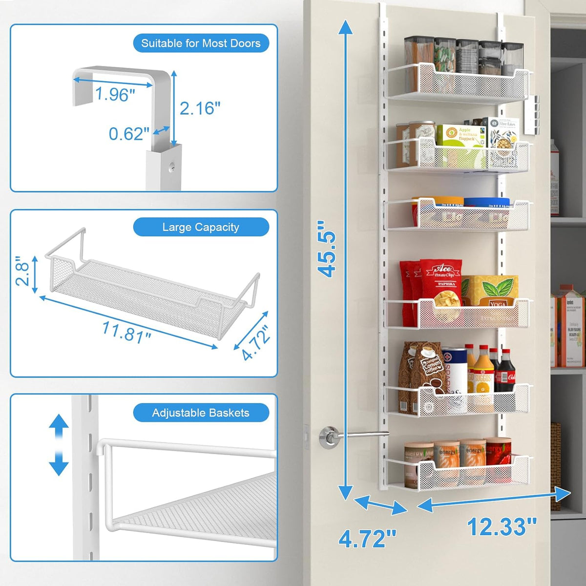 12.3" W Narrow Over the Door Pantry Organizer, 6-Tier Over the Door Organizer with Adjustable Basket, Pantry Door Organization for Pantry Kitchen Storage Room Spice Rack, White