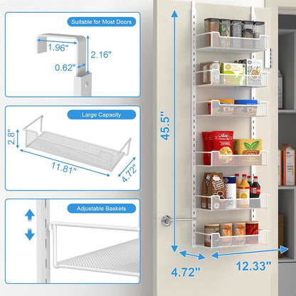 12.3" W Narrow Over the Door Pantry Organizer, 6-Tier Over the Door Organizer with Adjustable Basket, Pantry Door Organization for Pantry Kitchen Storage Room Spice Rack, White